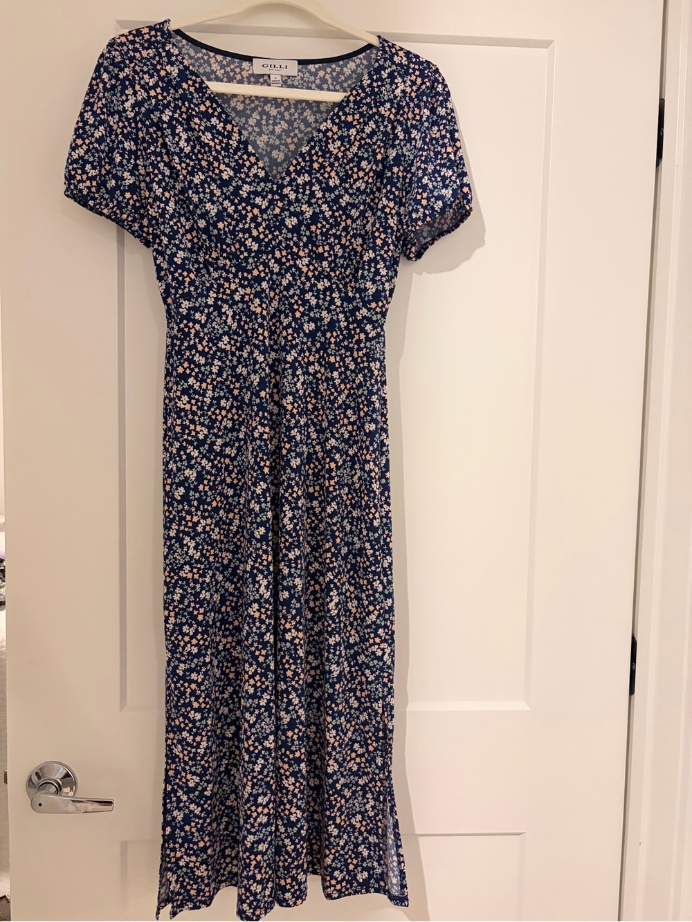 Gilli Navy Floral Short Sleeve Maxi Dress with Pink & White Blossoms